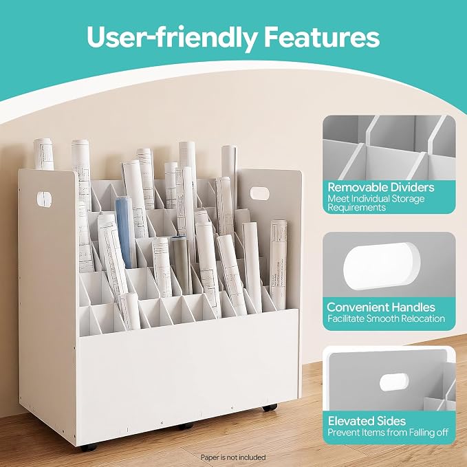 Blue Print Storage Organizer with Wheels, 50 Slots Roll Files Cart, White | Mobile Blueprint Storage Rack Cart, Construction Plan Holder, Map Poster Storage Cabinet for Office Home School