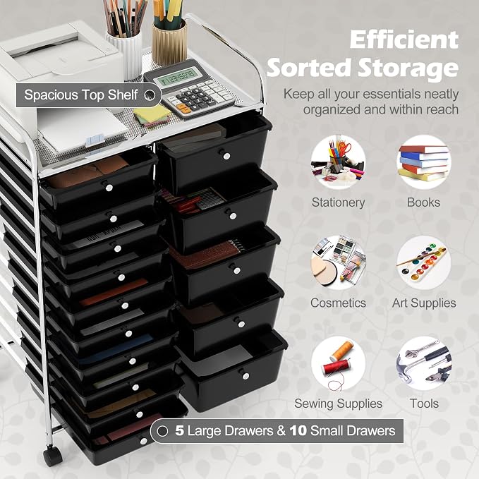 RELAX4LIFE 15-Drawer Rolling Storage Cart - Utility Cart with Metal Frame, Lockable Wheels & Removable Drawers, Multipurpose Art Craft Organizer for Home Office, Classroom (Black)
