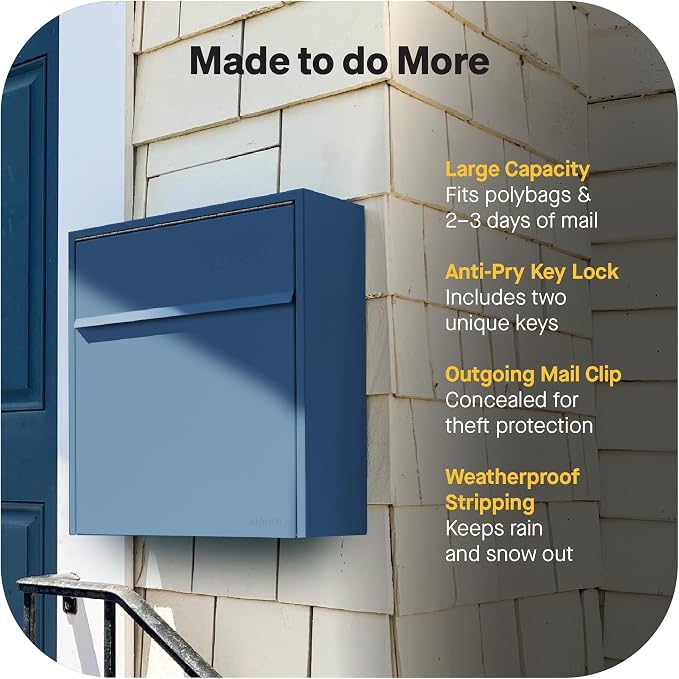 Adoorn Lockable Wall Mount Mailboxes for Outside - Large Anti-Theft Locking Mailbox for Letters - Weatherproof Construction - Durable Steel - 18.5" H x 15" L x 7.5" D - Navy