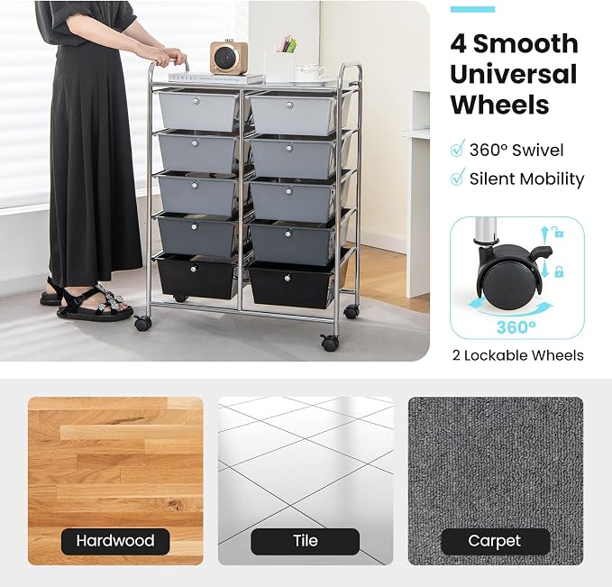 BECOMFORT 10-Drawer Rolling Cart with Drawers, Storage Cart on Wheels, Teacher Classroom Organizers with Metal Frame, Mobile Craft Cart, Trolley Utility Cart for School Office Play Room