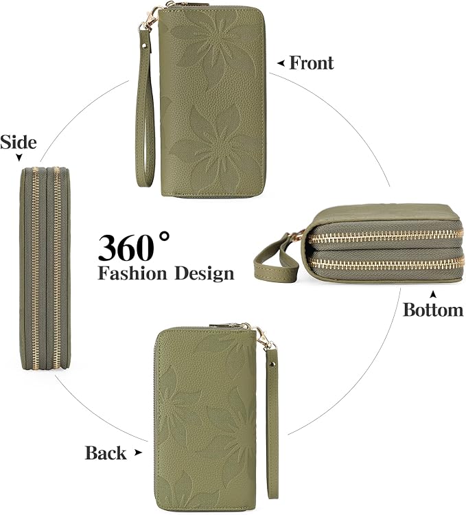 GOIACII Women's Wallet Large Capacity Double Zip Ladies Card Phone Holder RFID Blocking Wristlet Leather