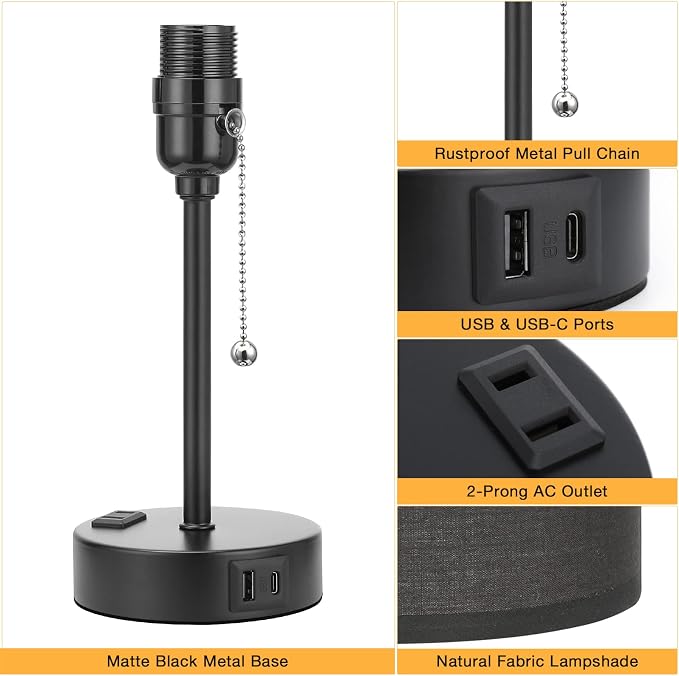 Small Bedside Table Lamp for Bedroom - Desk Lamp with USB Ports for Dorm | USB A+C Ports, AC Outlet, 3 Color Temperatures, LED Bulb Included, 14" Night Stand Lamp