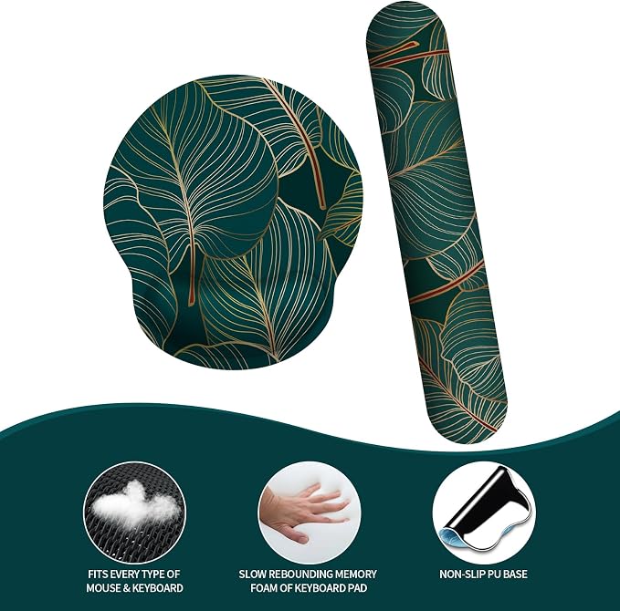 Mouse Pad Wrist Support, Ergonomic Memory Foam Keyboard Wrist Pad & Gel Wrist Rest Set for Computer Keyboard for Easy Typing & Pain Relief for Office & Home (Tropical Plants Set)