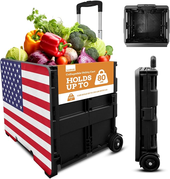 Collapsible Ultra-Slim Pack-N-Roll,2 Wheel Utility Cart w/Lid Used as Seat up to 250 Lbs, Telescopic Handle, Super Strong, for Home,Garden,Shopping,Office,School, Large, American Flag