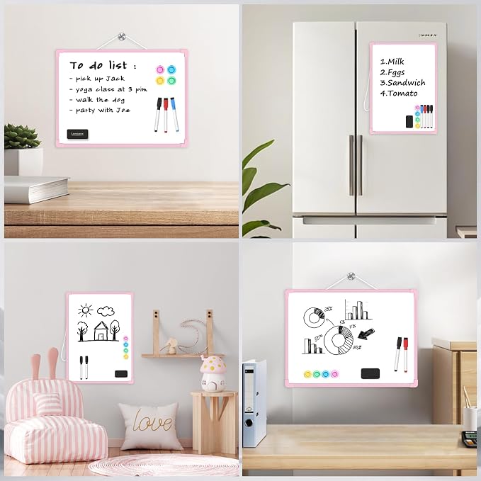 Pink Frame Small Dry Erase Board for Wall, 16" x 12" Double-Sided Hanging Whiteboard with 4 Markers, 4 Magnets and 3 Mini Sticky Notes, Portable Whiteboard for Kids, School, Home, Office