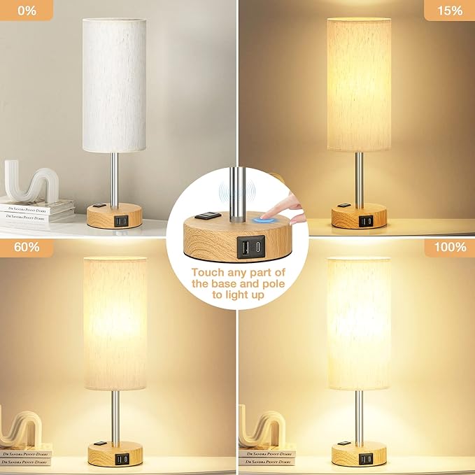 Bedside Table Lamp for Bedroom - Dimmable Touch, USB A+C, AC Outlet | 3-Way Dimmable, LED Bulb Included, Fabric Lampshade, Wood-Grain Metal Base, 14" Small Nightstand Lamp for Desk, Living Room