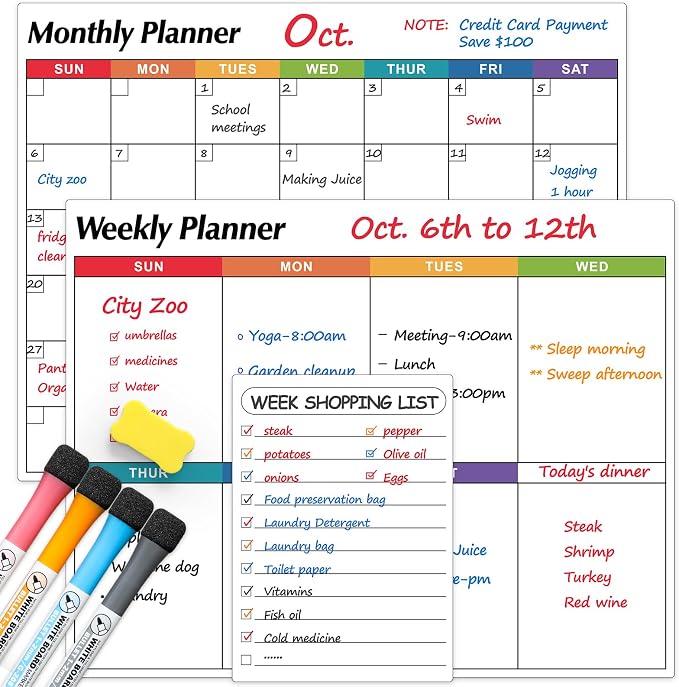 Dry Erase Magnetic Calendar for Refrigerator, 3 Pack- Monthly & Weekly & Daily Planner Magnet Whiteboard for Fridge Wall Door - Shopping, Meal/Menu, To Do List, Family Schedule Planning Board, 14"x11"