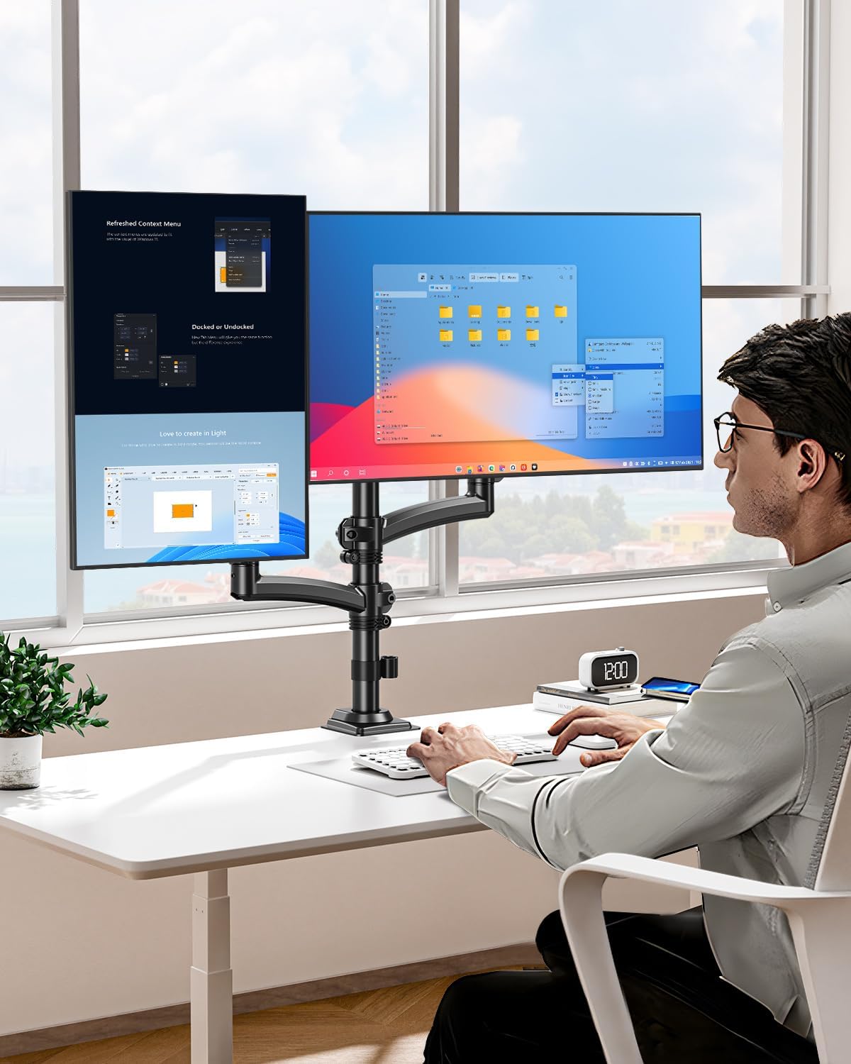 Dual Monitor Stand for Desk, Taller Monitor Arms for 2 Screens up to 32 inch, Ergonomic Adjustable Gas Spring Double Computer Monitor Mount, Holds 4.4-22lbs, VESA 75/100mm, Black, Freelift