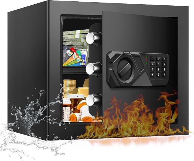 1.8 Cub Small Fireproof Safes for Home, Digital Security Home Safes Fireproof Waterproof with Programmable Keypad Keys and Alarm System, Anti-Theft Fire Safe Box for Document Money Valuables