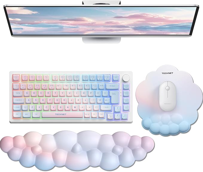 TECKNET Cloud Wrist Rest & Ergonomic Mouse Pad, Cloud Keyboard Wrist Rest with Non-Slip Base, PU Leather Memory Foam Wrist Pad for Keyboard and Mouse, Pain Relief for Typing, Gaming, Rainbow