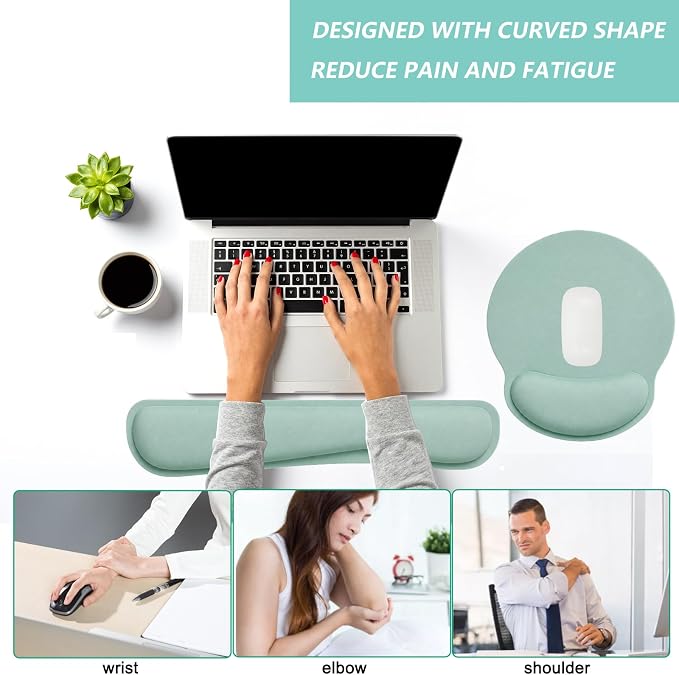 Keyboard Wrist Rest Pad Mouse Pad with Wrist Support Set of 3, Mousepad with Non-Slip Rubber Base, Ergonomic Memory Foam Mouse Wrist Cushion Support for Home Office Laptop Computer, Green