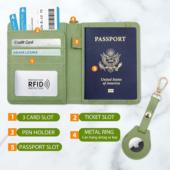 Cnycmy Passport Holder with Airtag slot,Passport-Wallet-Holder for Women,for Family, Rfid Passport Book Card Slot Waterproof, passport holder for travel (moss green1)