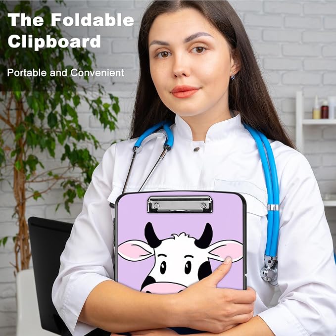 Clipboard with Storage,Storage Clipboard with Pen Holder,Heavy Duty Plastic Storage Clipboard with Low Profile Clip,Teacher Must Haves,Clipboard Folder,Office Supplies,Cute Cow -1364