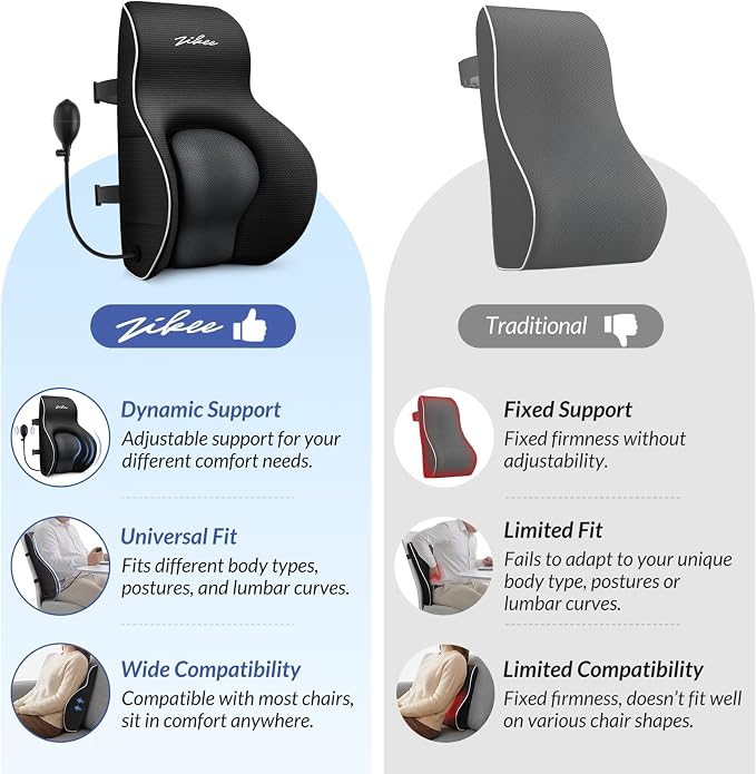 ZIKEE Lumbar Support Pillow with Adjustable Airbag for Back Pain Relief | Ergonomic Memory Foam Back Support Pillow, Provides Comfortable Support & Improves Posture, Fits Office Chair, Car Seat, Home