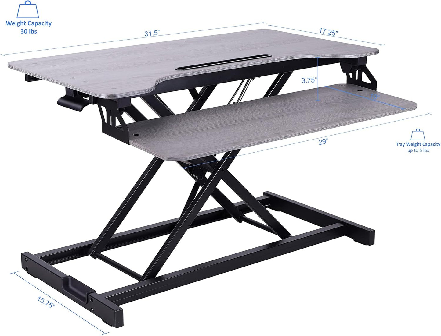 Rocelco Standing Desk Converter with Dual Monitor Mount - 31.5 Inch Sit Stand Up Tabletop Riser with Tablet Holder, Height Adjustable Workstation - Deep Keyboard Tray for Laptop - Gray (R VADRG-DM2)