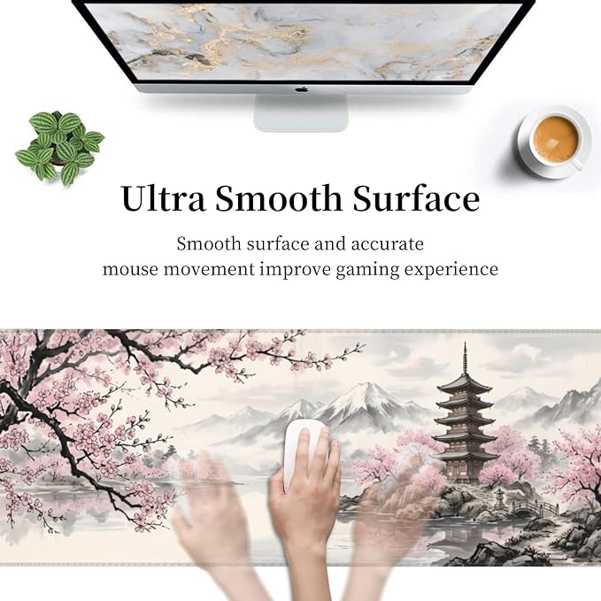 Cherry Blossom Gaming Mouse Pad Large Extended Desk Mat Non-Slip Rubber Base Keyboard Pad with Stitched Edges for Office Gaming 31.5x11.8 in