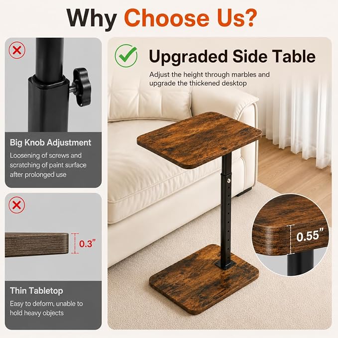 C-Shaped TV Tray Table, Height Adjustable Side Table, Couch Table End Table | for Living Room, Sofa, Bed, Bathroom, Space-saving, Snack Table for Eating, Dinner, Laptop, Small Spaces, 32-63 Inches