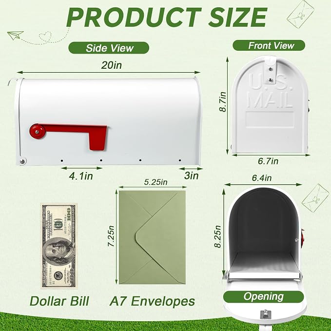 Fumete White Mailboxes for Outside, Metal Mail Box for House Outside, Galvanized Steel Post Mount Rural Mailbox, Standard Size, 20 x 8.7 x 6.7 Inches