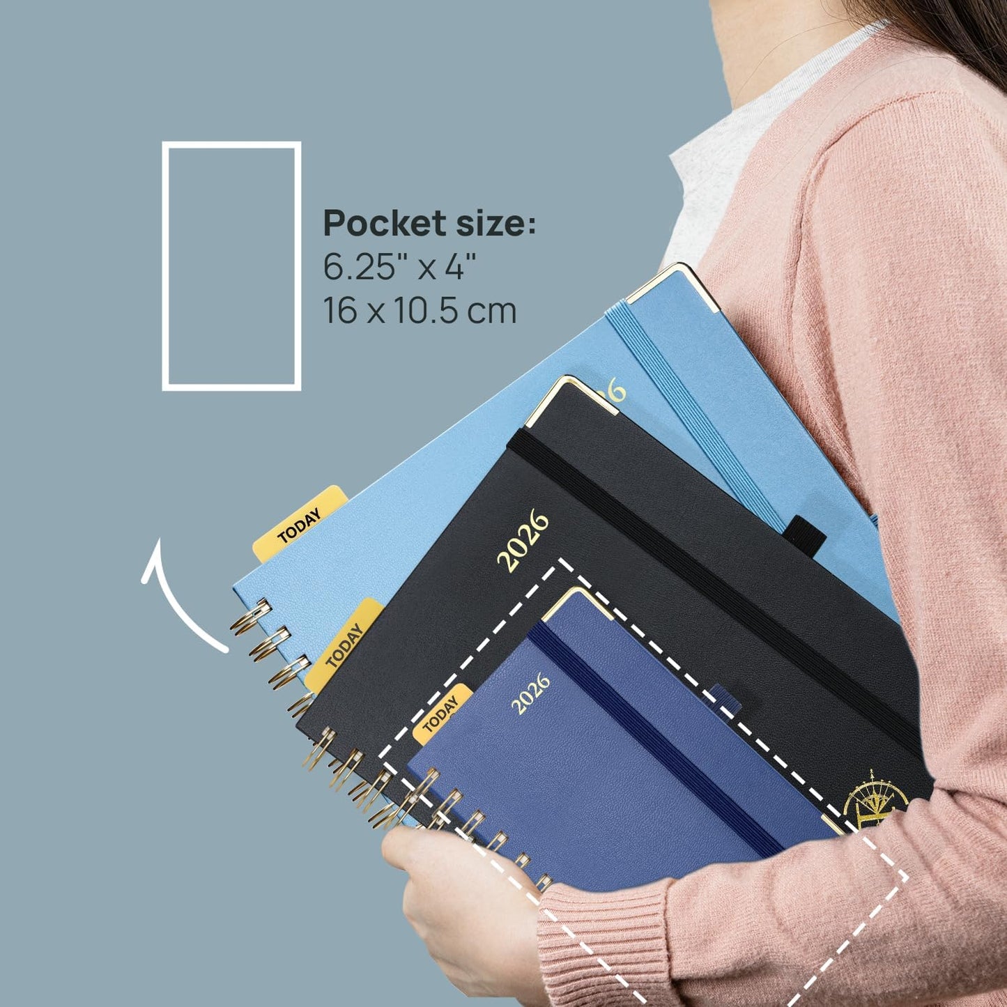 POPRUN 2026 Planner (Pocket Size 4''x 6.25'' Wire-Bond Hard Cover) Calendar Weekly and Monthly (Jan.2026-Dec.2026) Small Planner with Hourly Time Slots, for Purse, 100 GSM - Haze Blue