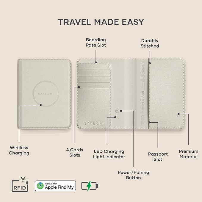 Satechi Passport Holder with Find My Tracking, 4-Slot Card Wallet, Sand | 4-slot card wallet, wireless charging, RFID protection, vegan leather