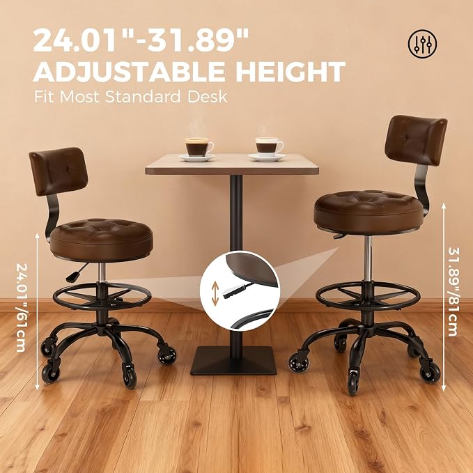 Office Drafting Chair with Footrest, Tall Height Adjustable Stool with Back Support, Heavy Duty Rolling Stool Chair with Wheels for Office Home Kitchen Bar Shop Guitar Studio Vanity, Brown