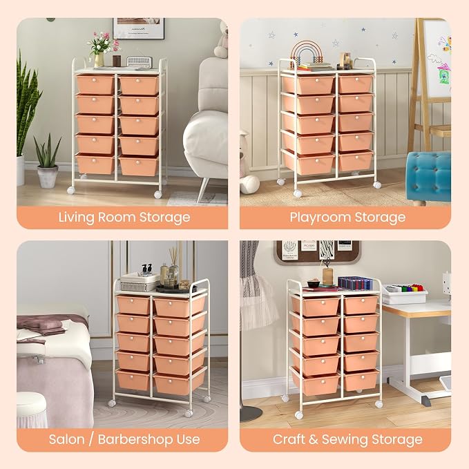 GLACER 10 Drawer Rolling Cart, Storage Cart with Lockable Whieels & Metal Frame, Trolley for Art Craft Oganizer, Mobile Utility Cart for Office, School, Classroom, Kitchen (Peach Fuzz)