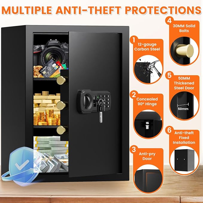 21.65"H Safe Box for Home | 3.8 cu ft Anti-Theft Safe with A4 Fireproof Bag | 36Lb Large Heavy Safe with Electronic Combination Lock & Removable Shelf | Document Safe for Office Cash Medicine Valuable