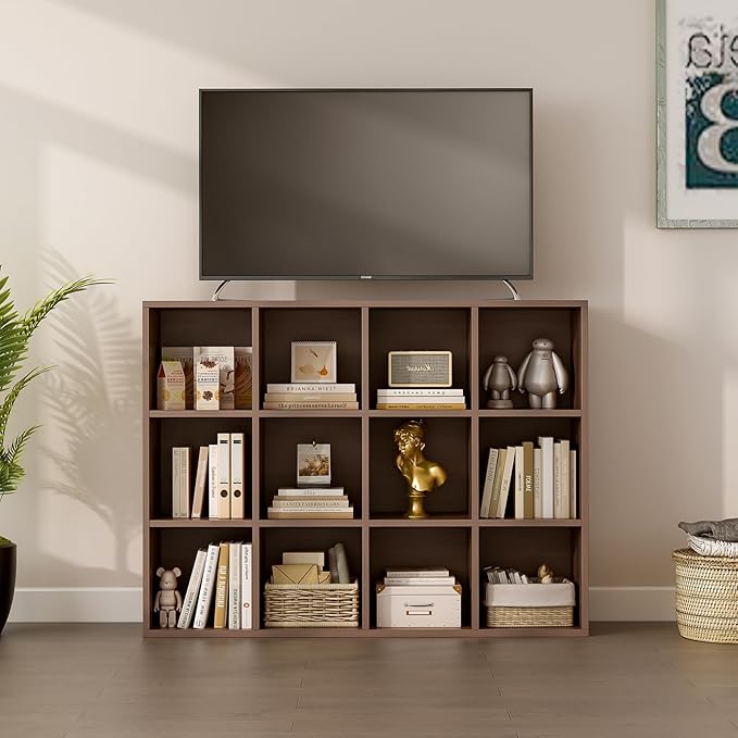 OSCHF 12-Cube Storage Shelf Bookcase - Wooden 3-Tier Floor Standing Open Bookshelf for Home and Office, Cuby Orgainzer, Walnut