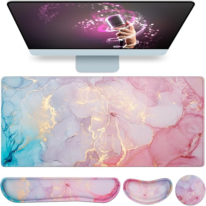 Mouse Pad Pink, Mouse Pad with Wrist Rest, 4-in-1 XXL Extended Large Desk | Mat Mousepad with Gel Wrist Support+Keyboard Wrist Rest+Coaster,Ergonomic Desk Pad for Study Gaming Home Office Computer