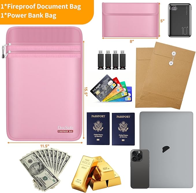 DocSafe Fireproof Document Bag (5200℉) with Fireproof Organizer Travel Case,Heat Insulated Fire＆Water Resistant 8 Layers Safe Money Bag Storage for Important Documents,Cash,Power Bank,Valuables,Pink