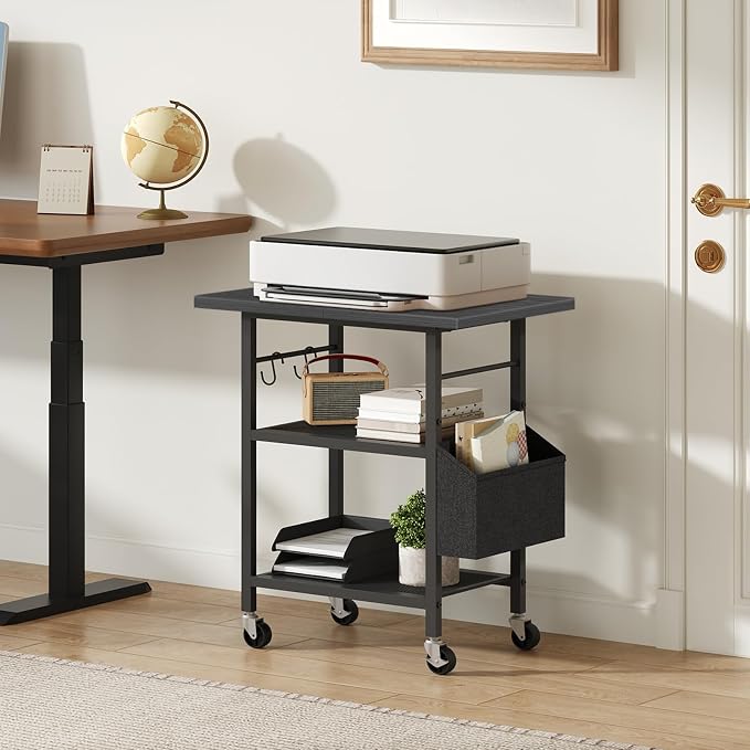 MAHANCRIS 3-Tier Printer Stand, Rolling Printer Table on Wheels, Industrial Storage Stand with Side Pocket, Wooden Tabletop, 2 S-Shaped Hooks, for Home Office, Black PTBK2501
