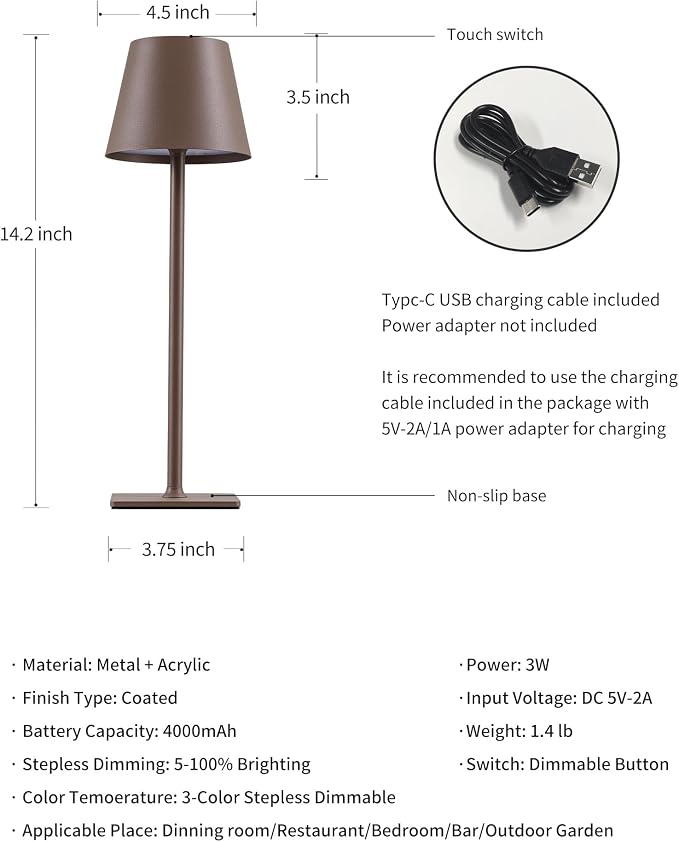KDG 2 Pack Cordless Brown Table Lamps, Rechargeable Portable LED Desk Lamps | 4000mAh Battery Operated 3 Color Stepless Dimming Up for Restaurant, Bedroom, Outdoor Party, Camping, Coffee Shop, Nightlight