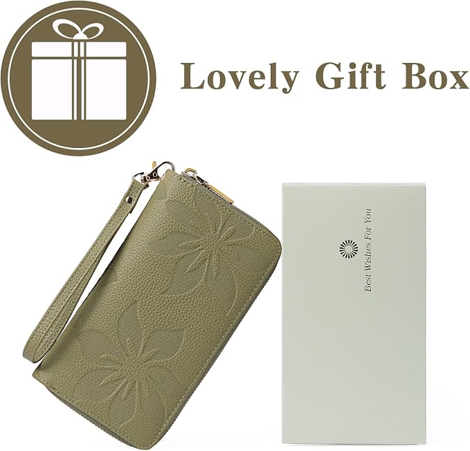 GOIACII Women's Wallet Large Capacity Double Zip Ladies Card Phone Holder RFID Blocking Wristlet Leather