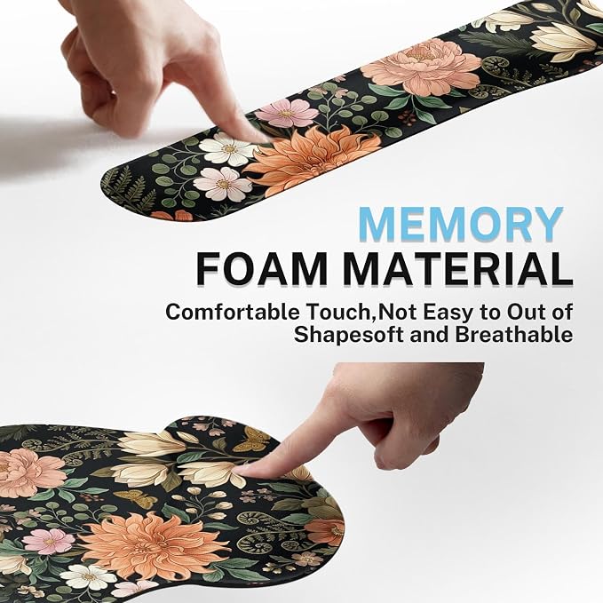 Ergonomic Mouse Pad Set with Wrist Rest, Floral Flower | Leaves Colorful Non-Slip Rubber Base Wrist Cushion Support and Coasters Mousepad with Wrist Support for Computer Keyboard