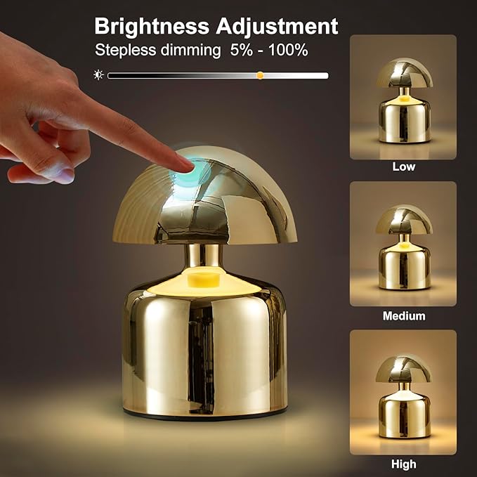 SAIWEYA Modern Cordless Mushroom Small Table Lamp, Dimmable Touch Battery | 3-Way Dimmable, Mini Rechargeable LED Desk Lamp, Night Light, Bedside Nightstand Lamps for Bedroom, Living Room