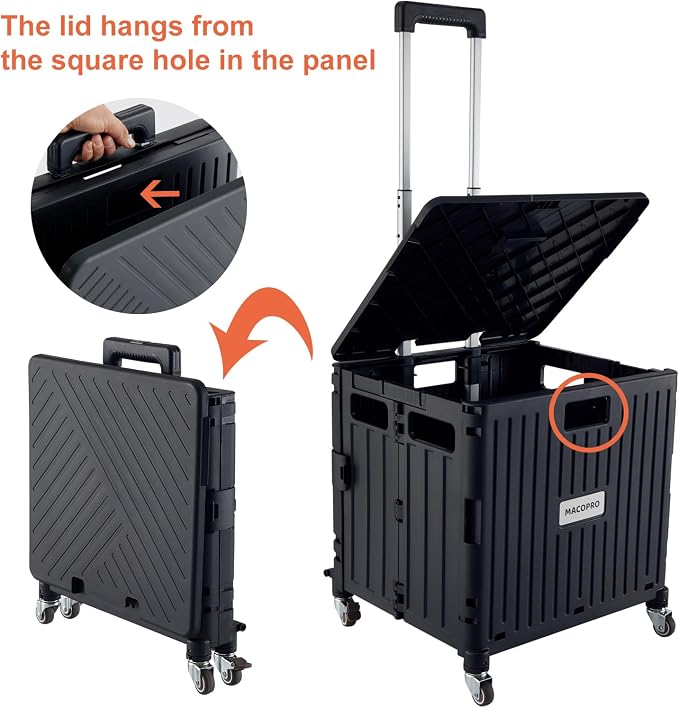 MACOPRO Folding Utility Cart Portable Rolling Crate Handcart Shopping Trolley Collapsible Tool Box, with Lid, Basket on 4 Rotate Wheels, for Grocery, Office, Luggage, Teacher (Black)