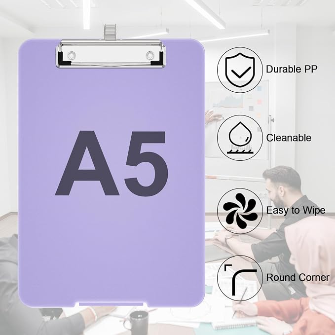 Hongri A5 Clipboard with Storage, Metal Retractable Pen Holder, Purple | 6 x 9'' Nursing Plastic Foldable Clip Board, Size 9.4 x 6.1 x 0.9 in, Menu Box for Work, Office & School Supplies