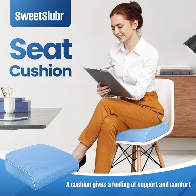SweetSlubr Seat Cushion for Tailbone Pain Relief, Office Chair Cushion, Memory Foam Large Chair Pad with Non-Slip Cover for Soft Support at Office Chair, Car Seat, Airplane Light Blue/Large