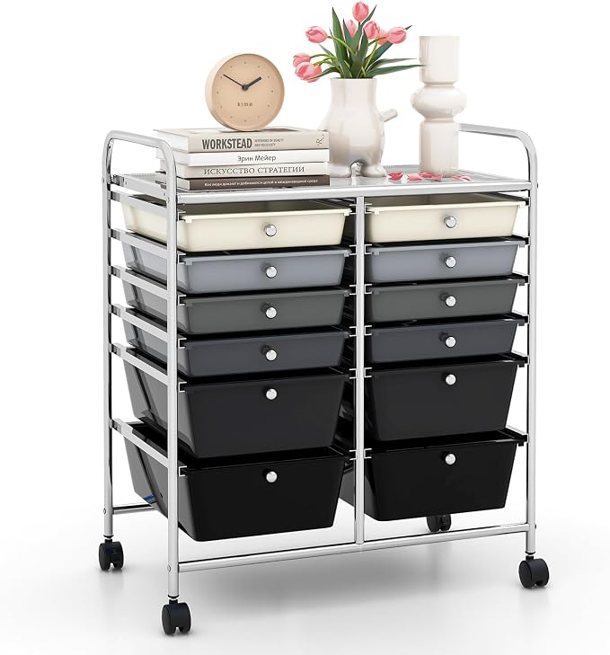 12 Drawer Rolling Storage Cart, Craft Cart Organizer on Wheels w/Metal Frame, Large Capacity & Smooth Drawer, Rolling Cart w/Drawers for Classroom, Office