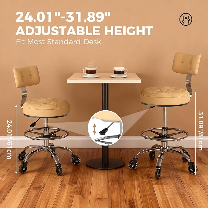 Office Drafting Chair with Footrest, Tall Height Adjustable Stool with Back Support, Heavy Duty Rolling Stool Chair with Wheels for Office Home Kitchen Bar Shop Guitar Studio Vanity, White