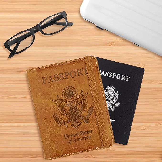 WALNEW Passport Holder for Travel, RFID Passport Wallet, Travel Essentials | PU Leather Passport Cover Case with Pen Holder, Travel Must Haves Accessories, Passport Book Holder for Women Men