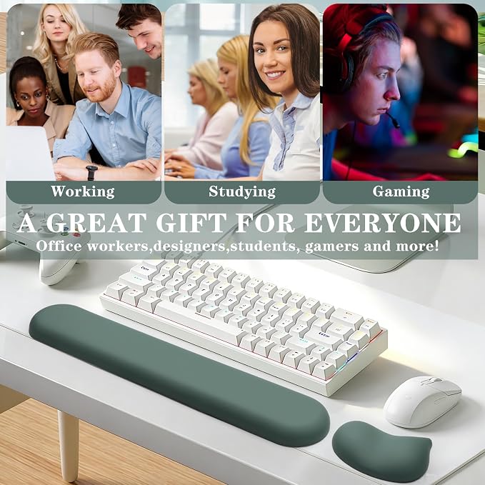 Ergonomic Wrist Rest for Computer Keyboard and Mouse Set with Wrist Support | Leather Memory Foam Mouse Pad Rests for Pain Relief, Non-Slip, Desk Wrist Pad for Office Home (Green)