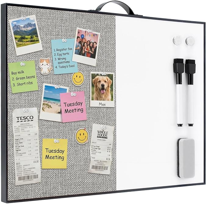 Small White Board Cork-Board Combo - 16 X 12 inches Gray Linen Board & Magnetic Dry Erase Board for Wall, Mini Bulletin Cork Board with Holder for Office, Home and School