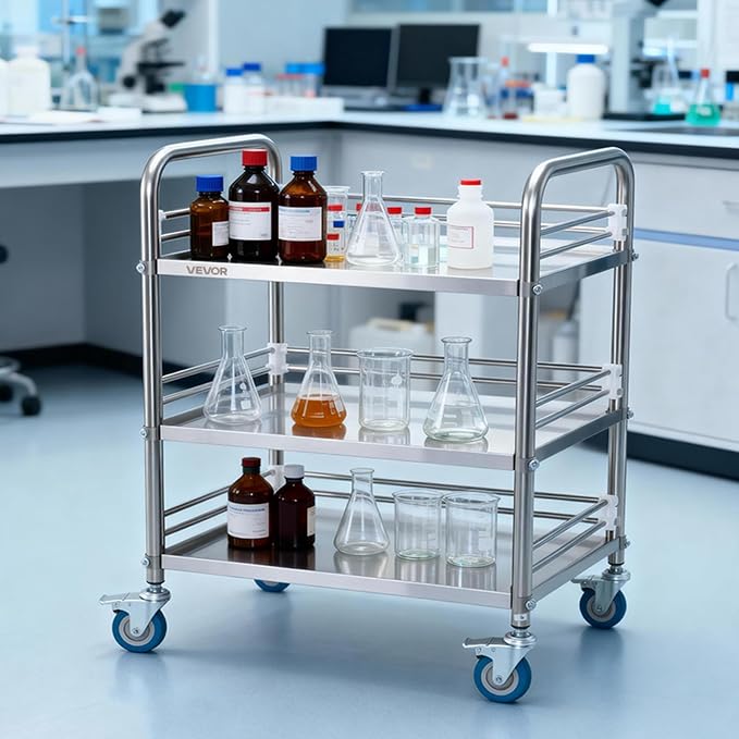 VEVOR Stainless Steel Rolling Cart, 3-Tier Metal Utility Cart with Lockable Wheels, Medical Serving Trolley Clinic Tray, Mobile Service Cart for Hospital, Lab, Restaurant, Kitchen, Salon