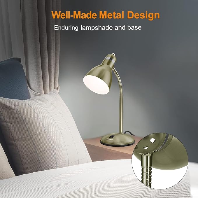LEPOWER Metal Desk Lamp, Adjustable GooseNeck Reading Light for Bedroom | Compact & Sturdy, Space-Saving for Bedside & Dorm, E26 Table Lamp, Eye-Caring, Ideal for Study, Office, Back to School