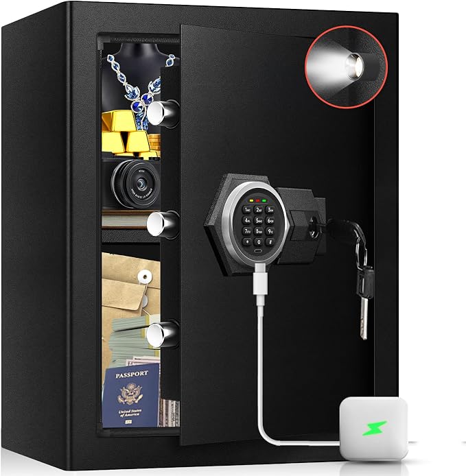 3.2 Cu Ft Large Home Safe Box, Fire Proof Safe with Type-C Port | Steel Security Box with Digital Electronic Keypad, Removable Shelf, Safety Lock Box for Office Documents Money Jewelry Gun