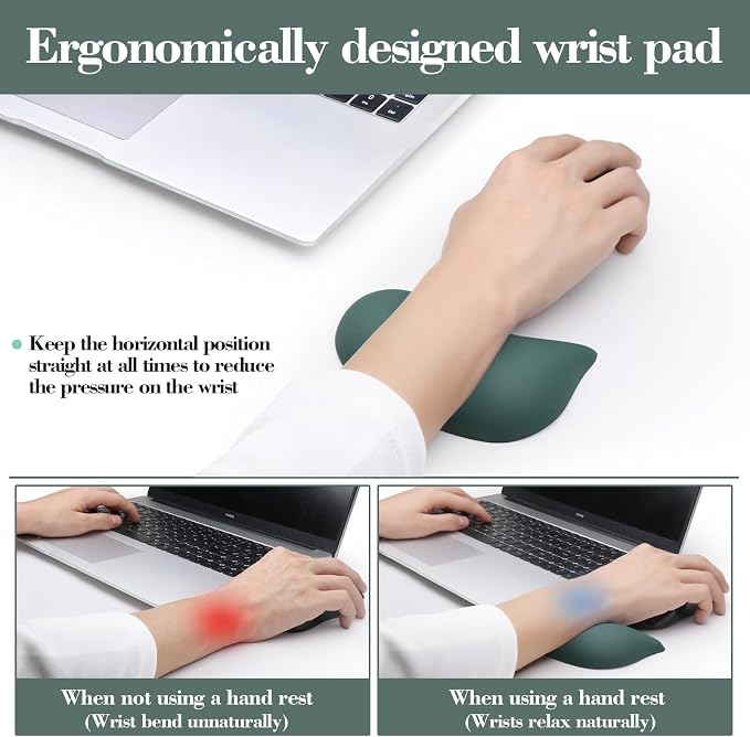 Ergonomic Wrist Rest for Computer Keyboard and Mouse Set with Wrist Support | Leather Memory Foam Mouse Pad Rests for Pain Relief, Non-Slip, Desk Wrist Pad for Office Home (Green)