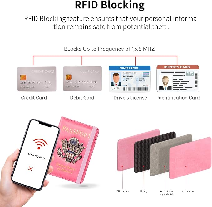Passport Holder Cover and Card Case Slot Combo RFID Blocking Leather Travel Passport Wallet for Men and Women US Passport Protector Document Organizer,Pink