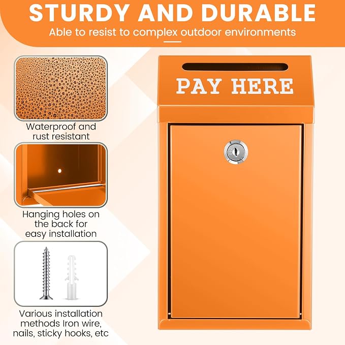 Yaocom Safe Metal Cash Box for Farm Stand – Money Drop and Secure Donation Collection, Wall Mount Lockable Unit with Pre Drilled Holes for Outdoor Self Serve(Orange,10.2 x 5.7 x 2.8 Inch)
