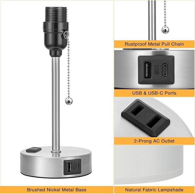 Small Bedside Table Lamp for Bedroom - Desk Lamp with USB Ports for Dorm | USB A+C Ports, AC Outlet, 3 Color Temperatures, LED Bulb Included, Grey Fabric Shade, Sleek Silver Base, 14" Night Stand Lamp